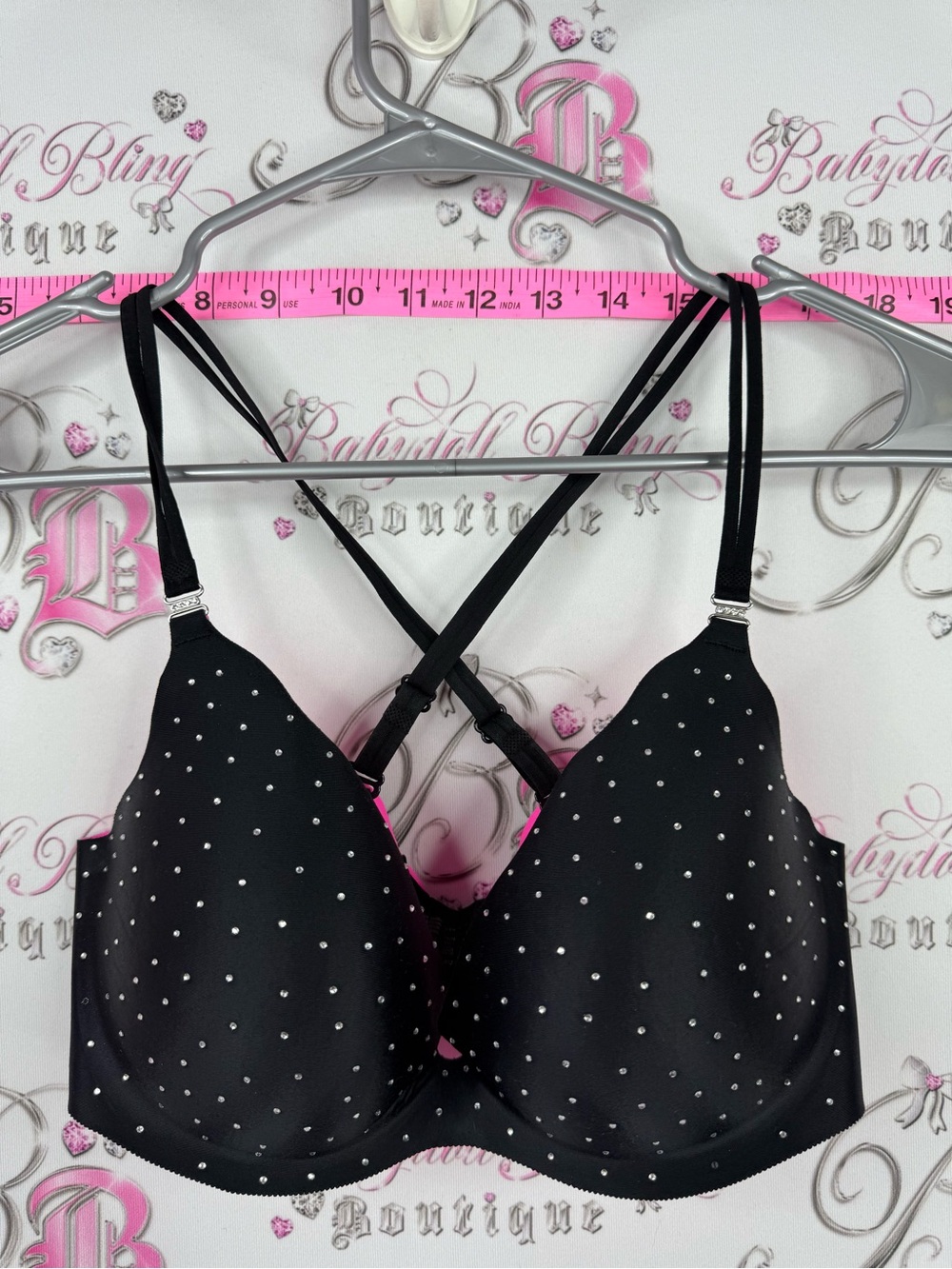 La SENZA rhinestone bra crystals Black Bra with Silver Dot Accents RARE